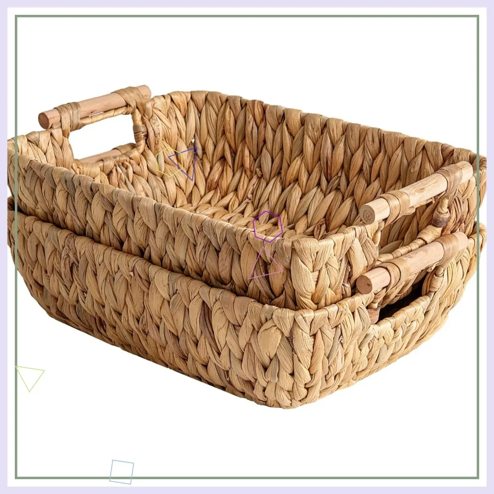 

Large Hand-Woven Water Hyacinth Storage Baskets with Wooden Handles, 2-Pack for Home Organizing