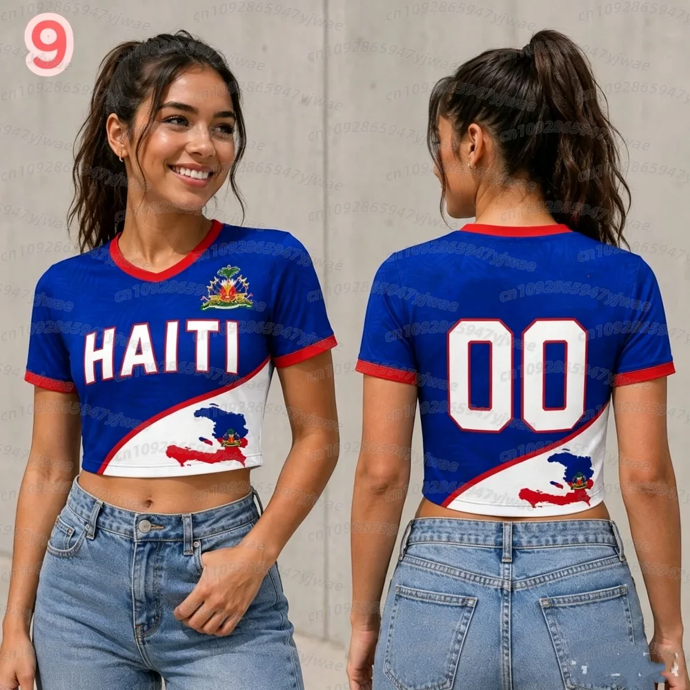 2026 Frauen HAITI Fußball Crop Top Trikot Cheerleader Fußball-T-Shirt Damen Romantik Fußballtrikot, Kurzarm Damen T-Shirt – Detail 4