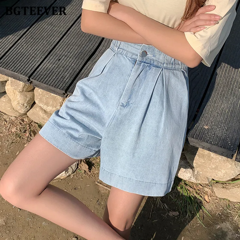 

BGTEEVER Stylish High Waist Female Denim Shorts Summer Loose Single Button Wide Leg Jeans Shorts for Women