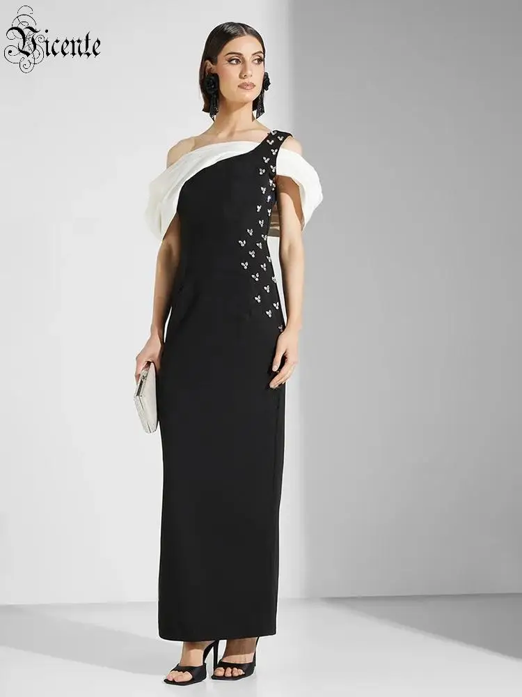 

VC Black White Off Shoulder Bodycon Bandage Dress For Women – Off Shoulder Rhinestone Slim Fit Elegant Evening Party Clothes