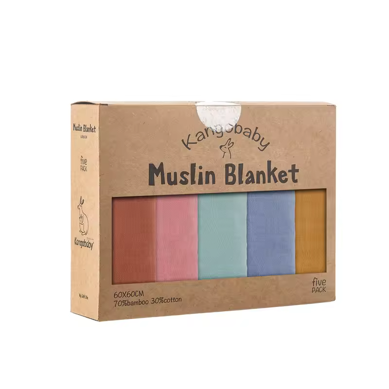 Kangobaby #My Soft Life# 5 Pieces Pack Multi-Functional Bamboo Cotton Muslin Blanket Baby Burp Cloth Set - Image 10