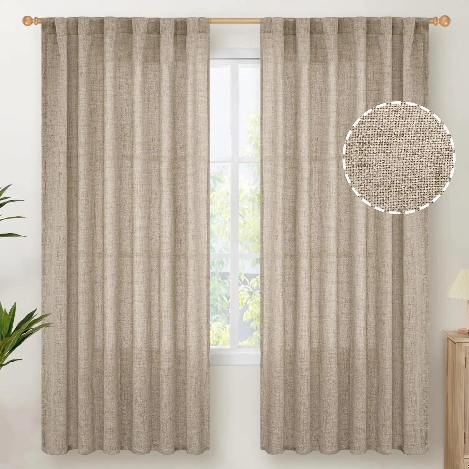 

Dark Oatmeal Linen Curtains for Living Room - Tan Burlap Window Drapes Light Filtering with Back Tab Rod Pocket Semi She