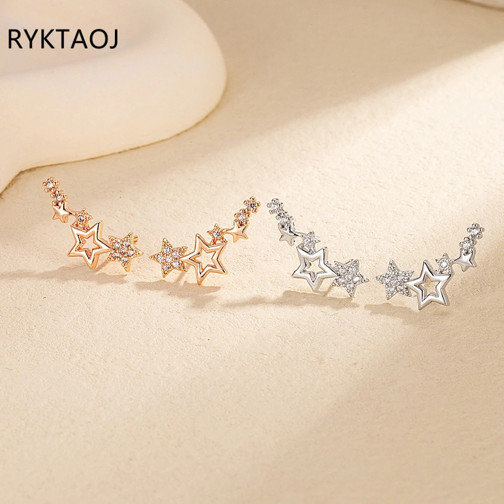 925 Sterling Silver Star Climber Stud Earrings for Women Multi‑Star Pave CZ Crawler Earrings Rose Gold Fashion Fine Jewelry Gift