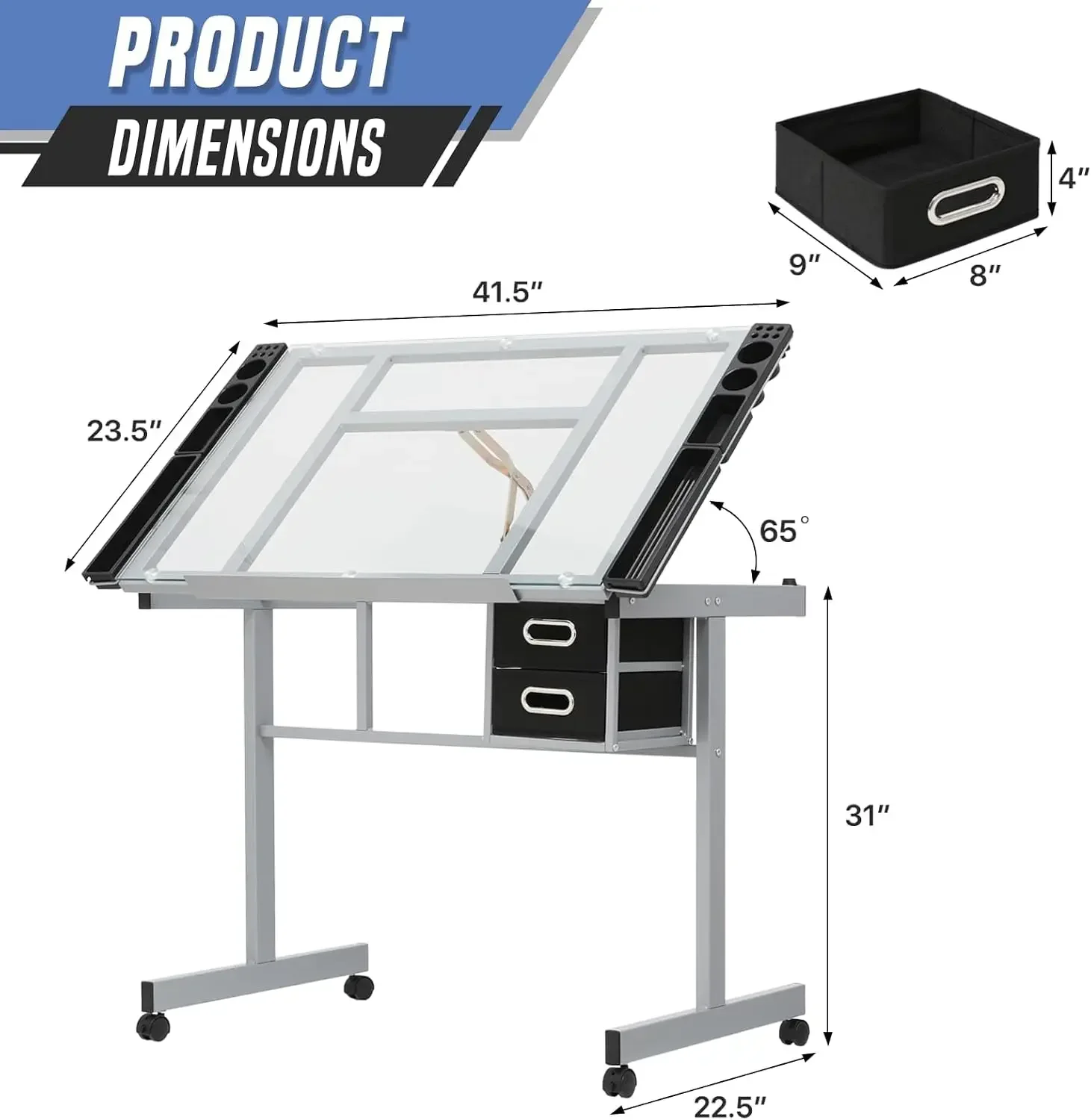 Drafting Table With Angle Adjustable Glass Top, Drawing Table With Storage Drawers,Casters, Art Desk For Drawing, Painting