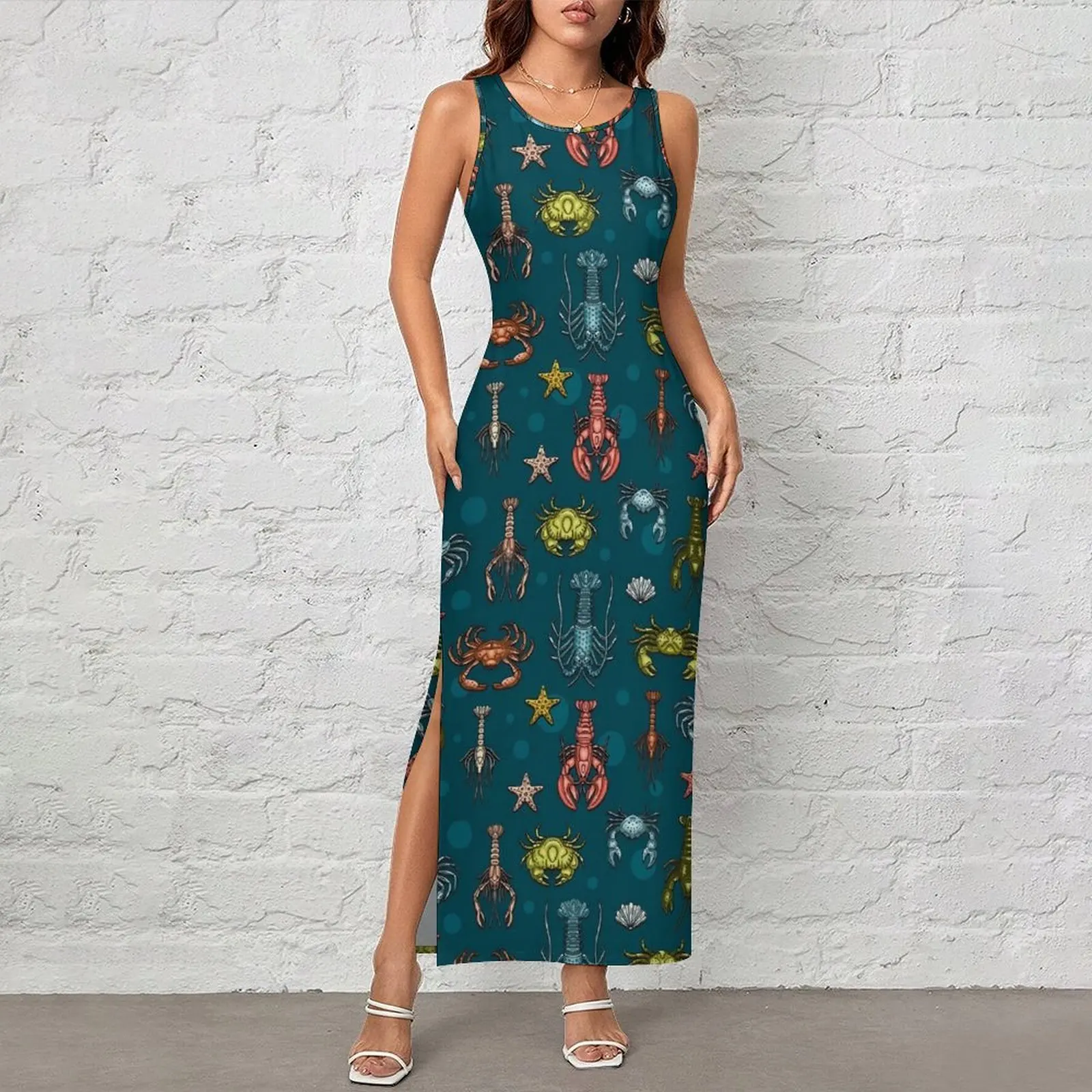 Lobsters Dress Sleeveless Crabs and Shrimps Retro Maxi Dresses Summer Y2K Fashion Printed Bodycon Dress Big Size 3XL 4XL