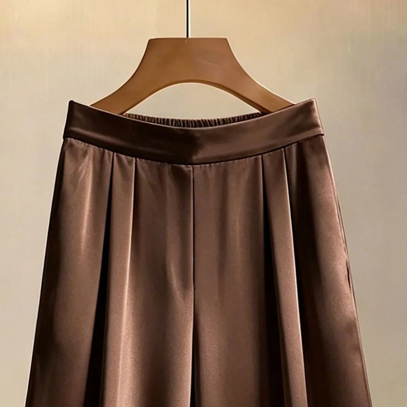 Women's Coffee Satin Wide Leg Pants with Pearl Hem, Elastic Waist Draped Floor-Length Trousers