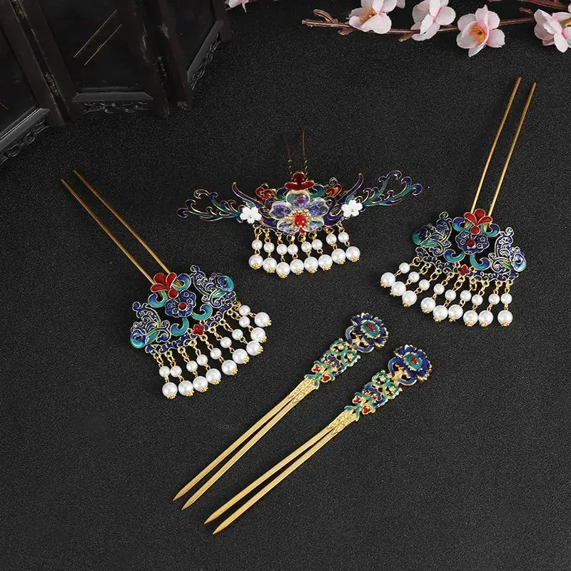 Hanfu headwear set Pearl fringe hair crown ancient style hair accessories step shake hairpin hairpin Ming accessories Present