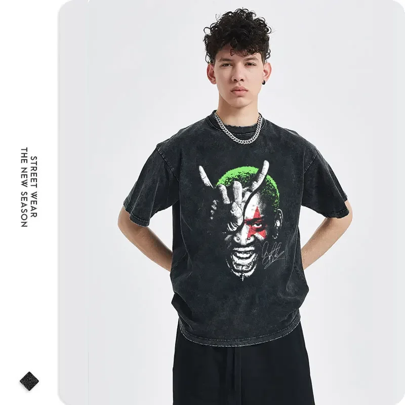 تيشيرت رودمان كلاسيكي مغسول للرجال ، تيشيرتات لاعب كرة سلة ، تيشيرتات كبيرة الحجم ، هيب هوب ، تيشيرتات Y2K ، قطن