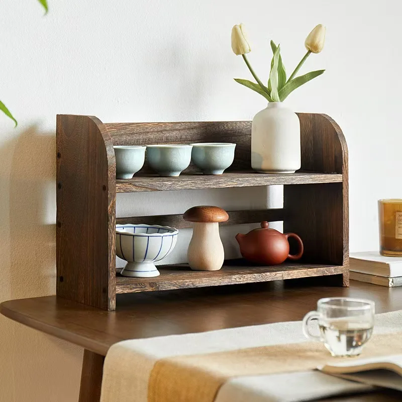 Classic Chinese Style Two-Layer Solid Wood Display Cabinet, Compact Desktop Wooden Organizer Shelf, Multipurpose Tabletop Storag