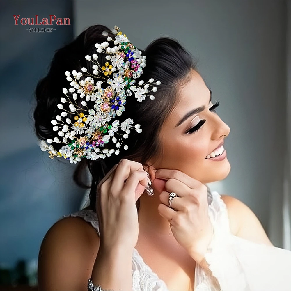 

YouLaPan Wedding Flower Hair Accessories Pearl Crystal Bridal Tiara Rhinetone Women Headpieces Party Head Jewelry Gift HP933