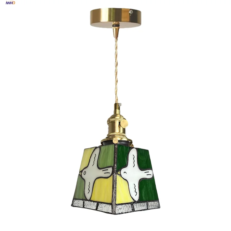 

IWHD Tiffany Style LED Pendant Lamp Balcony Coffee Colorful Glass Copper Knob Switch Peace Dove Hanging Light Fixtures Lighting