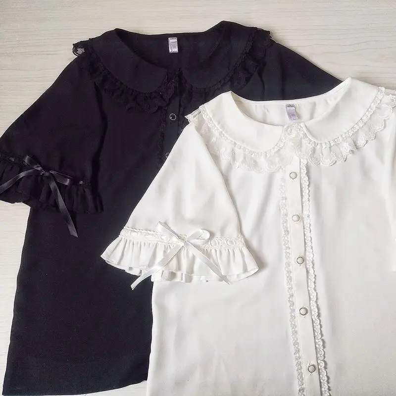 

Sweet Lolita Woman Blouses 2025 Loose White Shirt Lace Bow Short Sleeve Tops Women's Korean Clothing Summer Chic Female Blouse