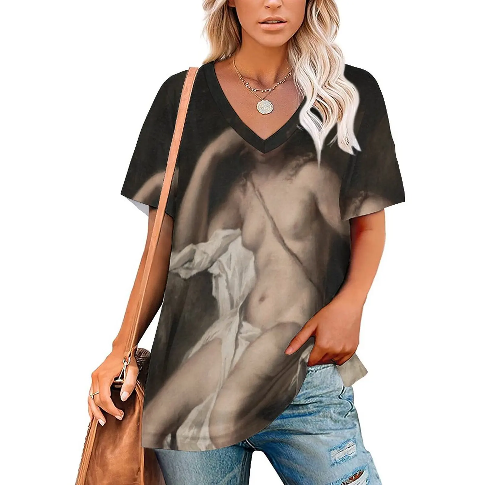 Diana And Her Dog-Ricci Ruffle Short Sleeve T-Shirt V Neck Shirts Pattern Cute Tops Casual Tee Diana Her Dog Ricci Greek