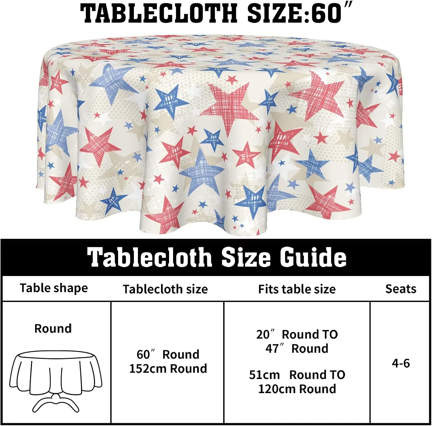 White and Star Round 60 Inch American Flag July 4th Memorial Day Patriotic USA Stars Table Cloths Polyester Fabric Ame