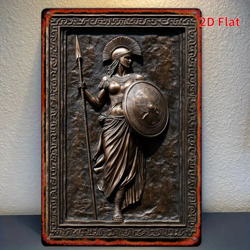 2D Greek Spartan Woman Warrior Relief Metal Plaque Bronze Tone Vintage Wall Decor For Bar Garage Home Office Holiday Gift