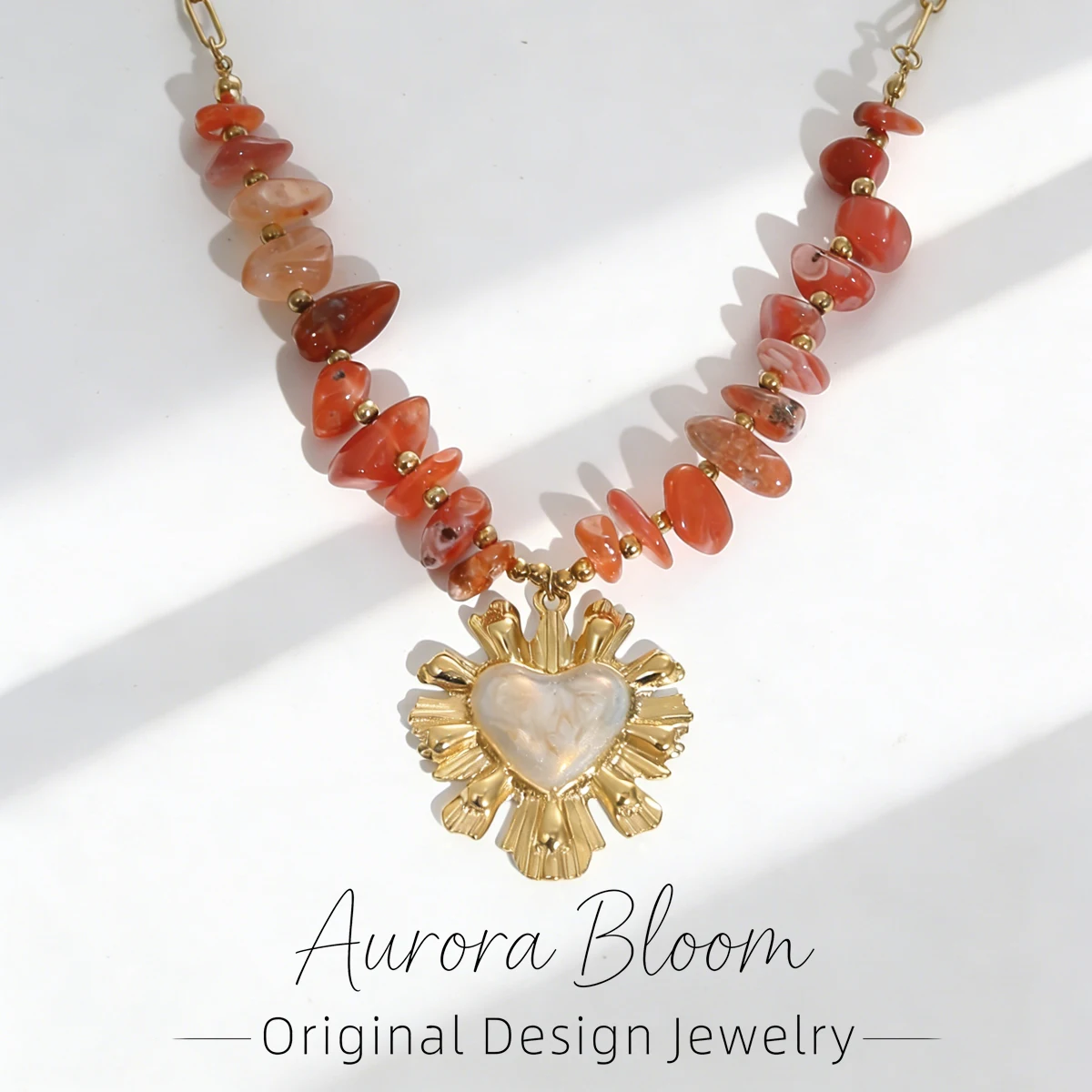 

AURORA Vintage Natural Stone Beaded String Necklaces For Women Bohemia Vacation Style Stainless Steel Pendant Necklace Jewelry