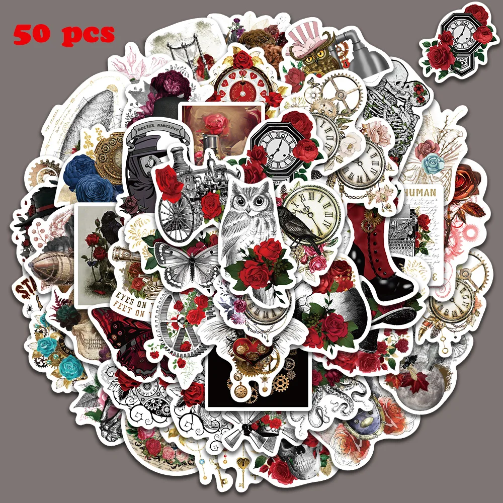 50pcs Steampunk Rose Sticker Retro Cool Decal For Laptop Phone Luggage Scrapbook Guitar Skateboard Decoration Sticker