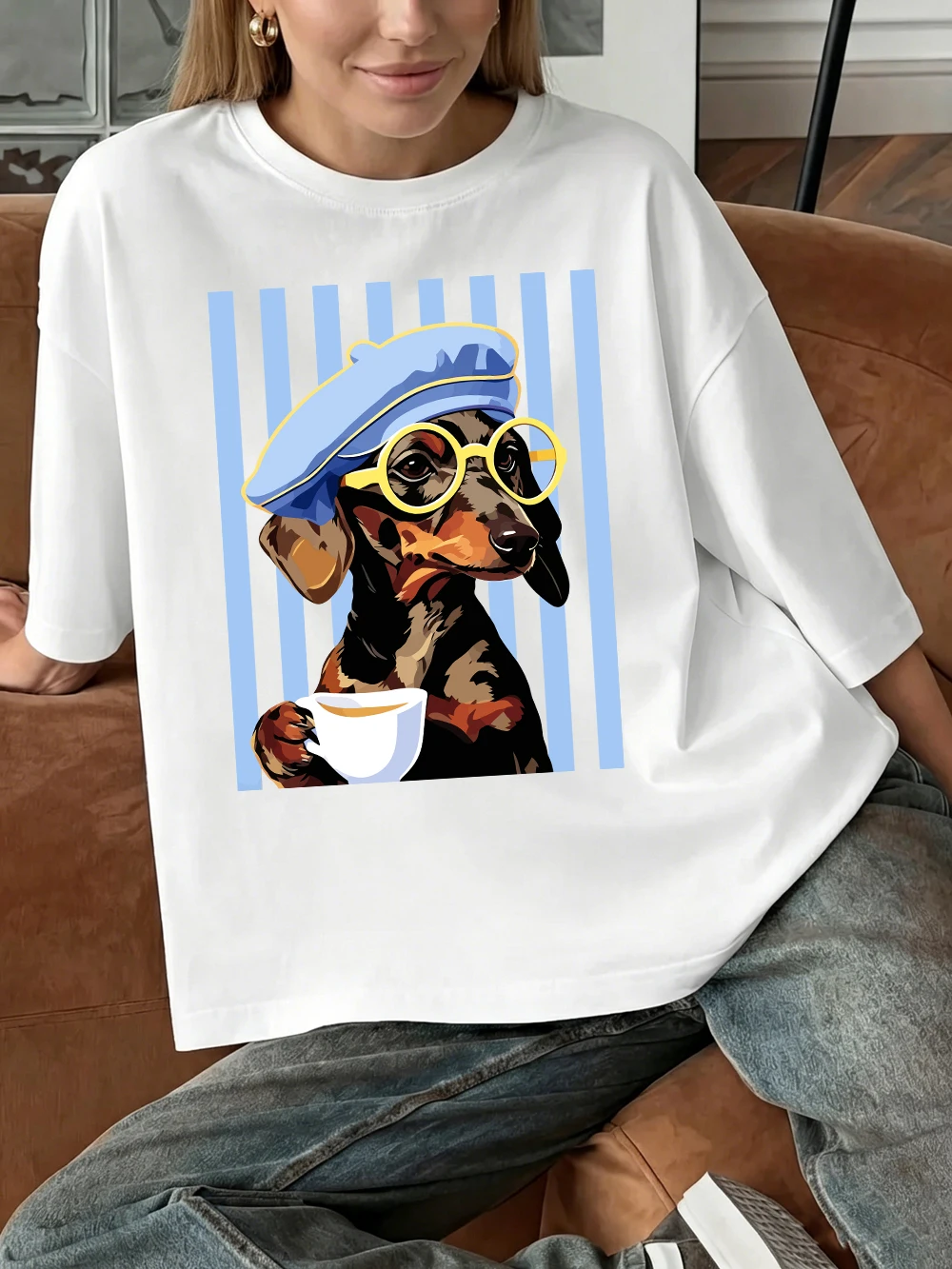 Dackel-Illustrationsdrucke T-Shirts Baumwolle Damen Sommer Oversize-Tops Weiches O-Ausschnitt Kurzarm-T-Shirt Basic Damenbekleidung – Detail 12