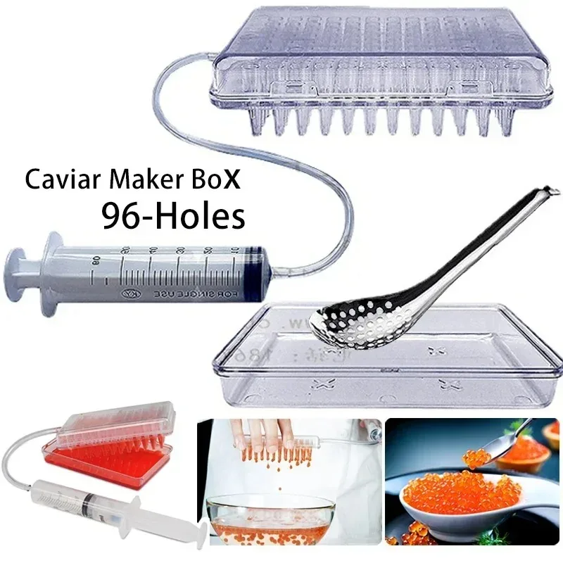 Caviar Maker Box 96-Hole Roe Sauce Dispenser Strainer Tools with Spoon Syringe Molecular Gastronomy Tools Kit for Home Dining