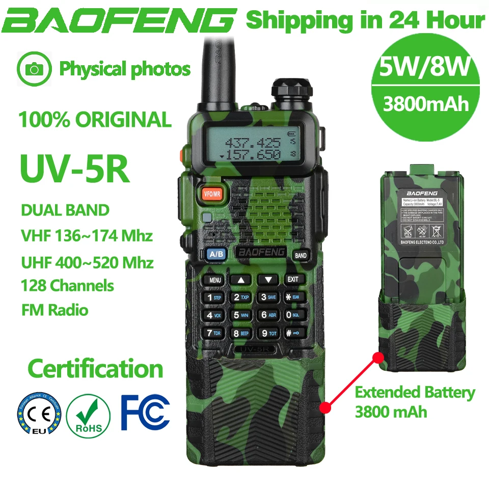 Baofeng 3800mAh 5W/8W Original UV5R Walkie Talkie Dual Band 136-174Mhz 400-520Mhz Portable Two Way Radio Pofung HF Transceiver