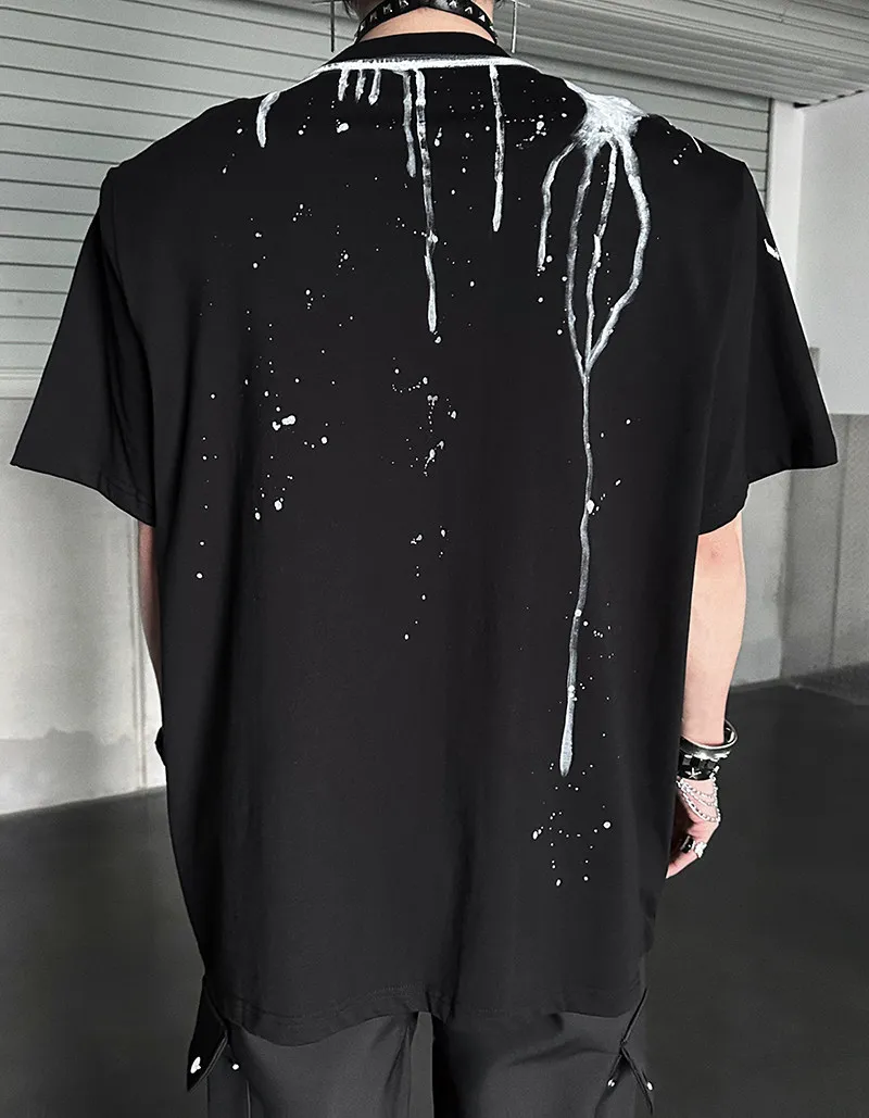 2026 Summer Black Ink Drip Wing Starry Print Round Neck T-Shirt Men Dark Streetwear Loose Casual White Short Sleeve Top