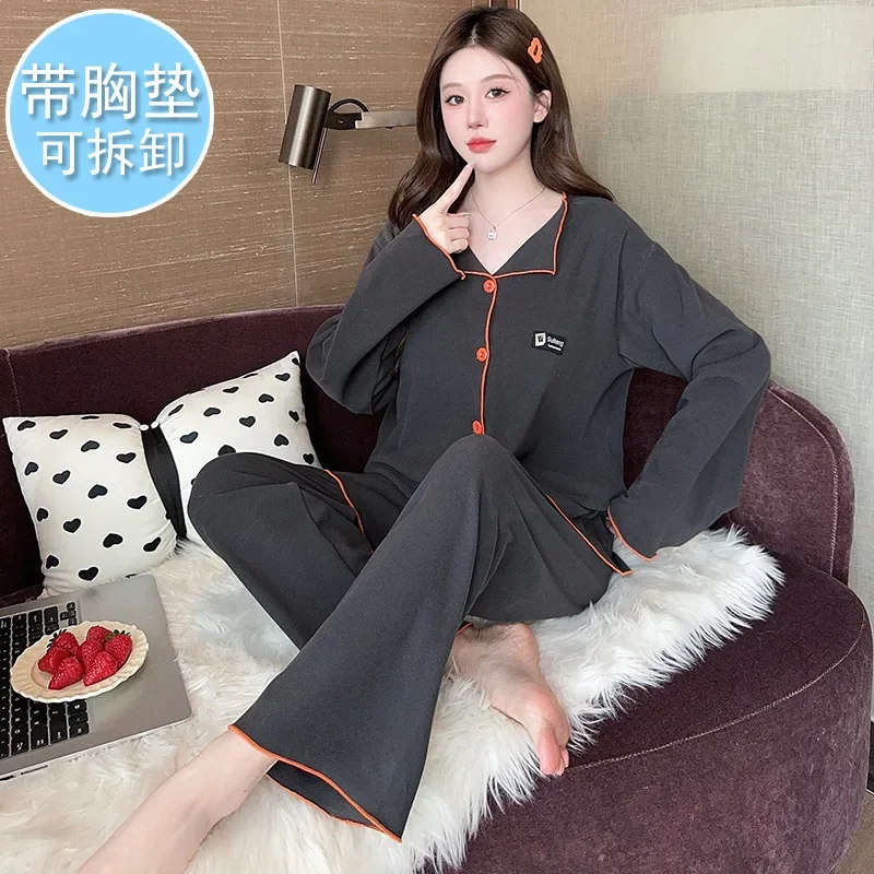 Plus Size Women Autumn Velvet Long-sleeved Pajama Set with Chest Pads Loungewear Lapel Button Cardigan Two Piece Set Sleepwear