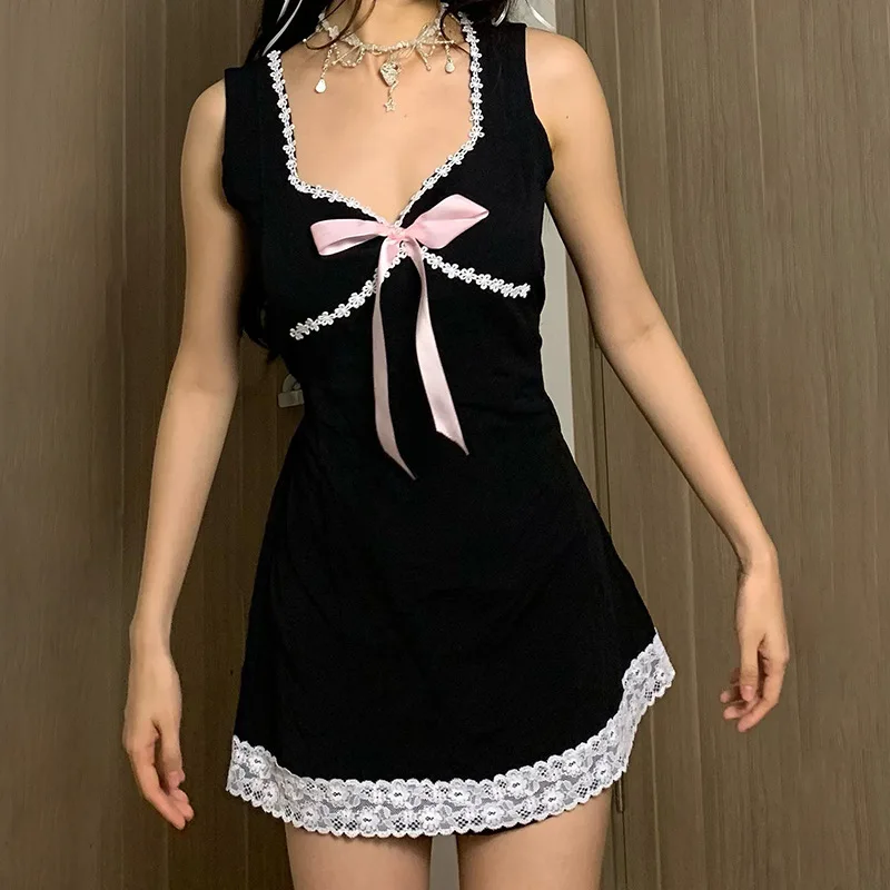 

Sexy lace patchwork bow Sling dress for Summer Women's Dress 2024 New Skinny V-neck High Waist Lace up A-line Mini Dress Woman