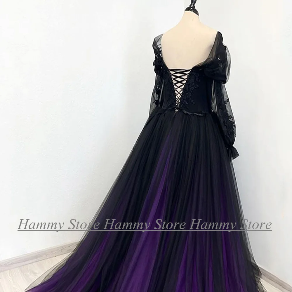 Vestido de novia gótico de talla grande, mangas abullonadas, cuello en V, vestido de novia personalizado, apliques, vestidos de novia de matrimonio negros y morados