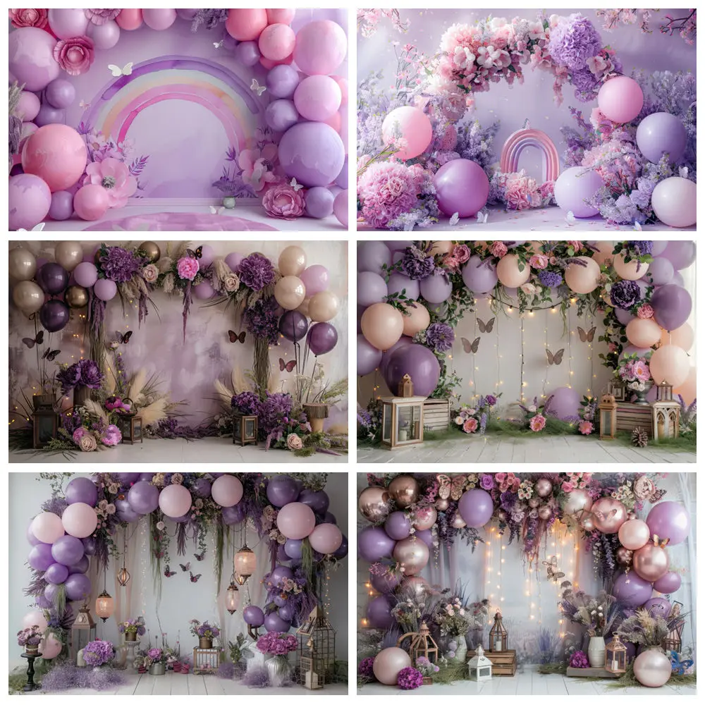 

Purple Balloon Backdrop For Photography Flowers Butterfly Arched Balloons Baby Shower Party Decor Background Photo Studio Props