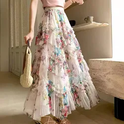 New In Flower Print Irregular Mesh Floral Mesh Long Skirt Women 2025 Spring French Elegant Style A-line Tulle Skirts