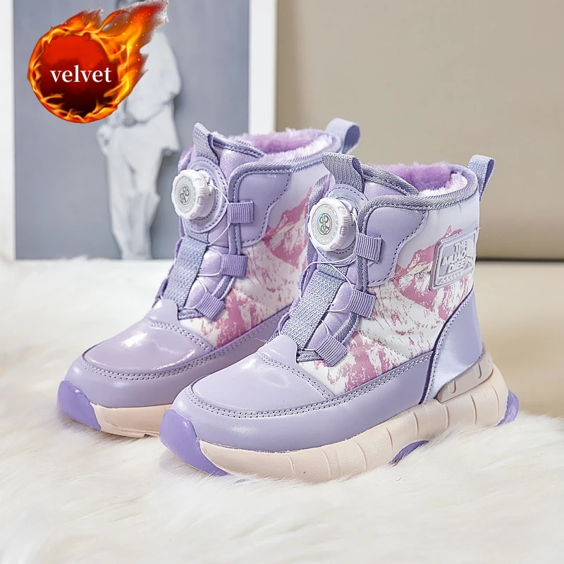 2026 Trend Purple Winter Snow Boots For Girls Boys Rotary Buckle High Top Children's Cotton Shoes Outdoor Warm Plush Kids Ankle