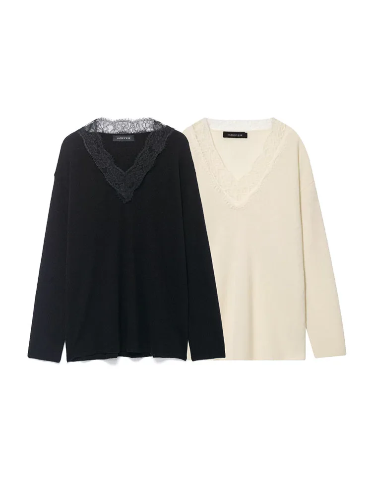 

HH Women's 2026 Spring Two Colors V Collar Long Sleeves Wool Blend Lace Knitting Pullover Commuting Leisure Comfortable Tops