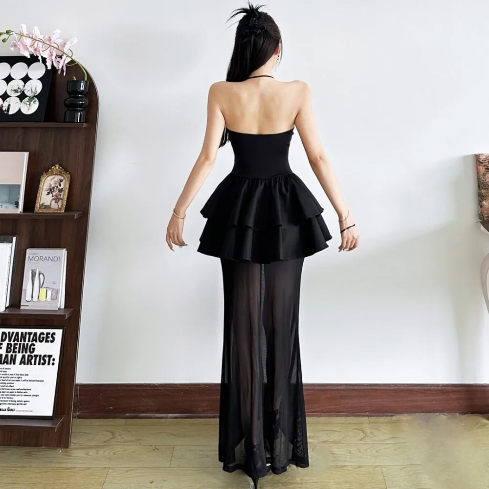 Sukienka maxi z siateczki SylCue, damska, wiązana na szyi, z głębokim dekoltem, odkrytymi ramionami, bez pleców, z falbanami, na nocny bal, marszczona, elegancka, Vestidos