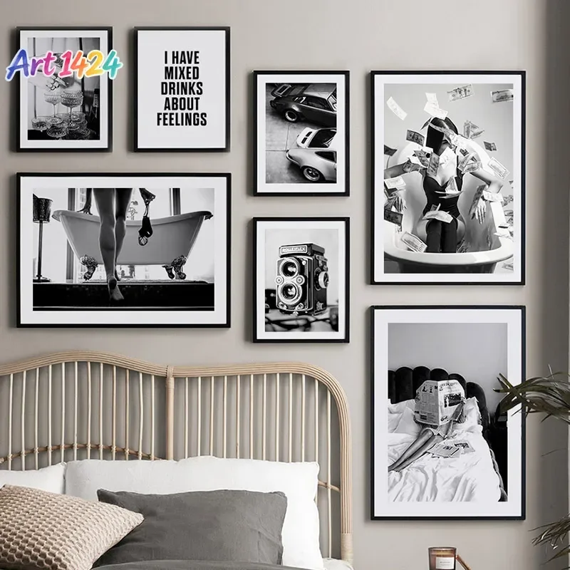 Black White Women Bathtub Camera Wall Art Canvas Painting Vintage Nordic Posters And Prints Pictures For Living Room Home Dec