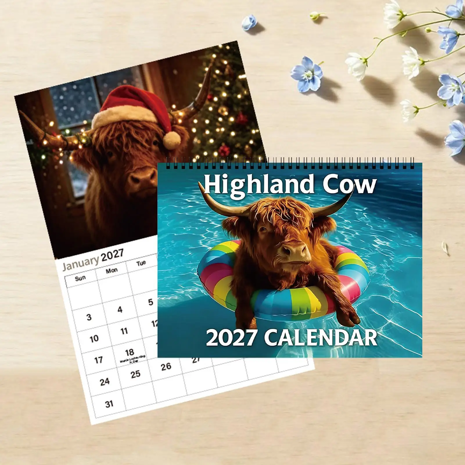 2027 Highland Cow Calendar, Swimming Circle Highland Cow Wall Calendar Scottish Highland Animal Calendar Monthly Schedule