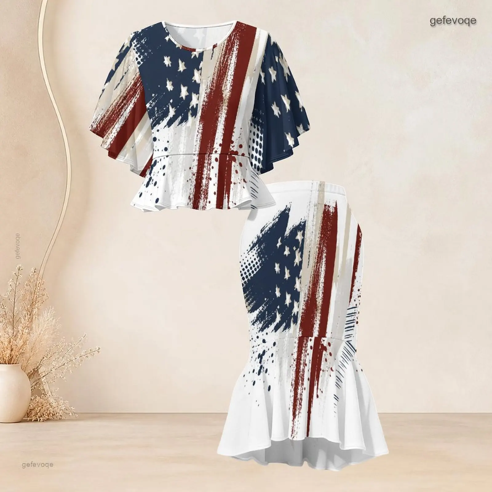 Women Batwing Sleeve Ruffle Hem Top Fishtail Skirt Two Piece Printed Skirt Set