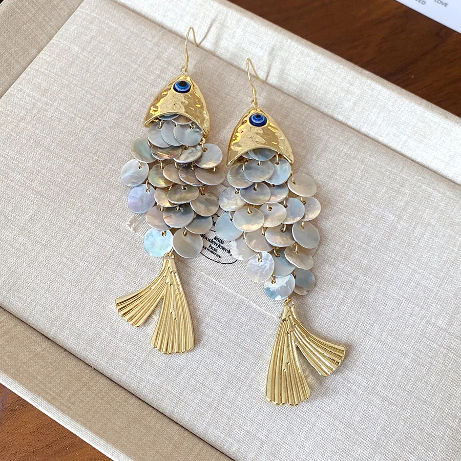 Round Shell Fish-shaped Dangle Earrings for Women Bohemian Personality Long Tassel Earring New Style Trendy Jewelry Gifts V1