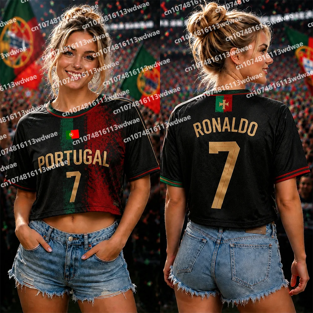 2026 Portugal Style clothing Women Football Jersey Ronaldo 7 Jersey Short Sleeve Jersey Cheerleaders Crop Top T-shirt Kid Tshirt