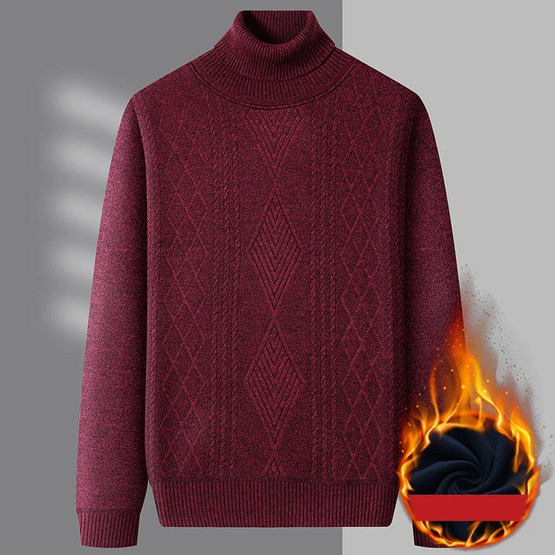 Mens Mock Neck Sweater Fleece Lined Pullovers Mid Aged Men's Warm Knitting Jersey Top Clothes Solid Color Knitwear