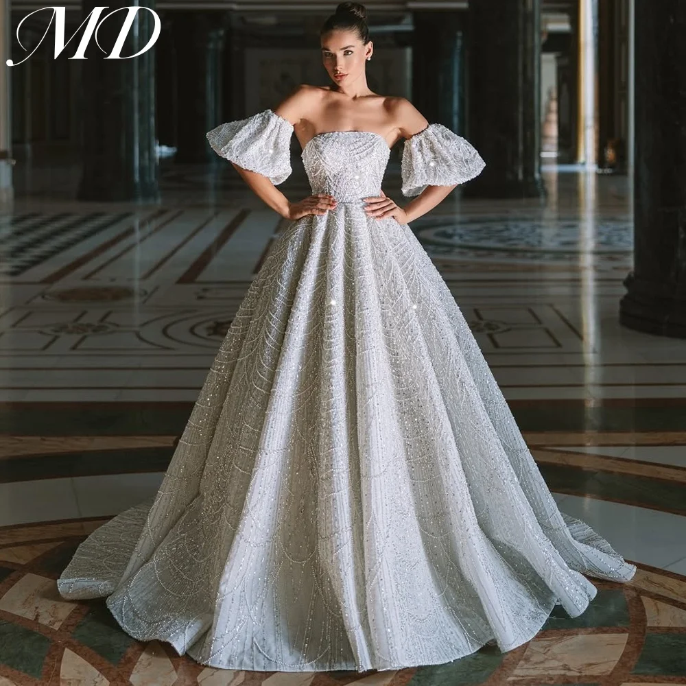 

MD Exquisite A-line Wedding Dress Detachable Sleeve Off Shoulder Beaded Lace SweepTrain Bridal Gown Customized vestidos de novia