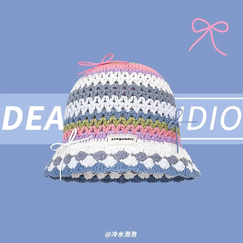 

Dopamine Sweet Bow Striped Contrasting Color Knitted Bucket Hat Spring and Summer Fashion Versatile Cute Basin Caps for Woman