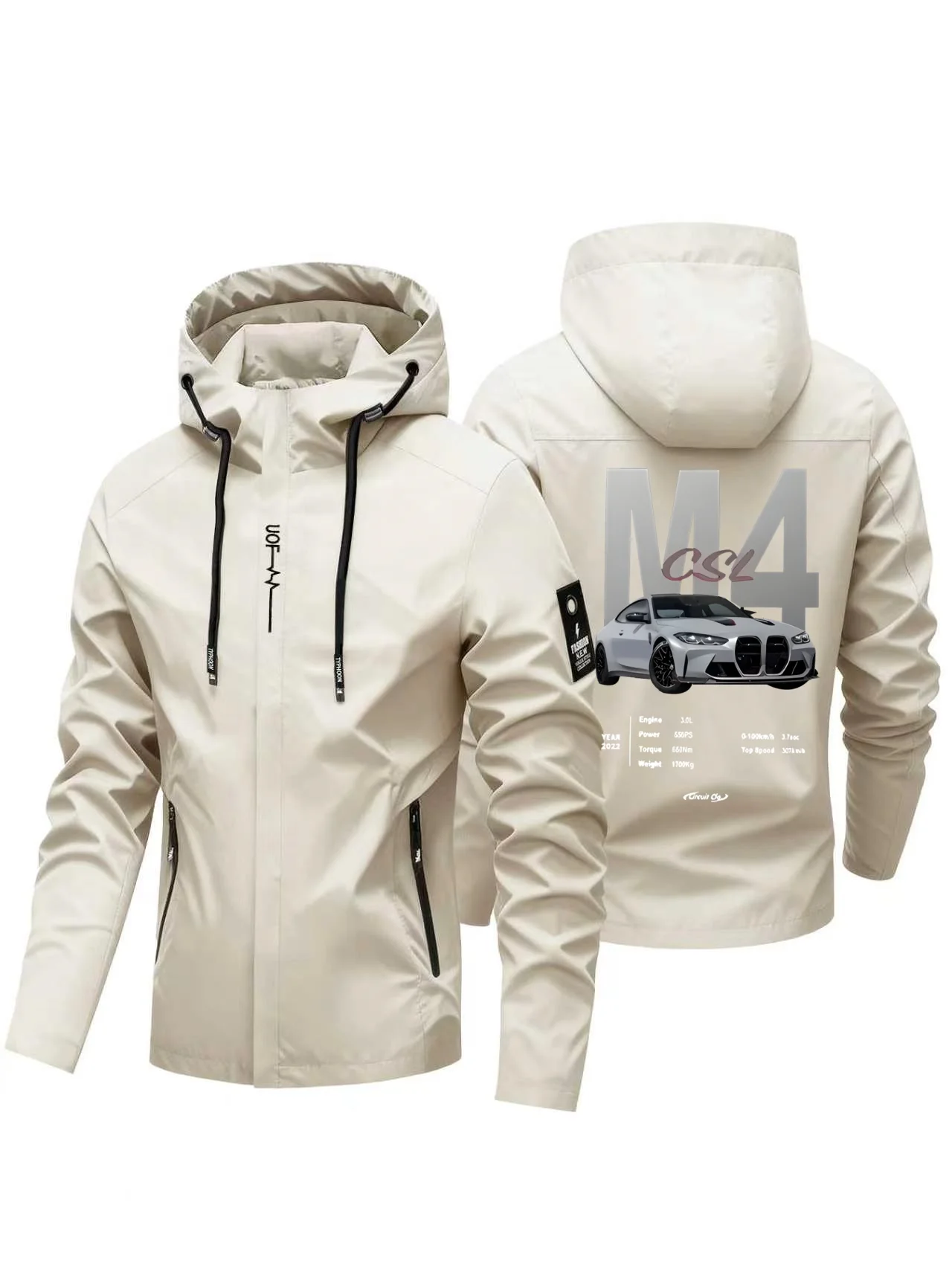Fashion M4 CSL Performance Car Print Men Hooded Windbreaker, Waterproof Casual Outdoor Sports Coat Daily Street Outerwear