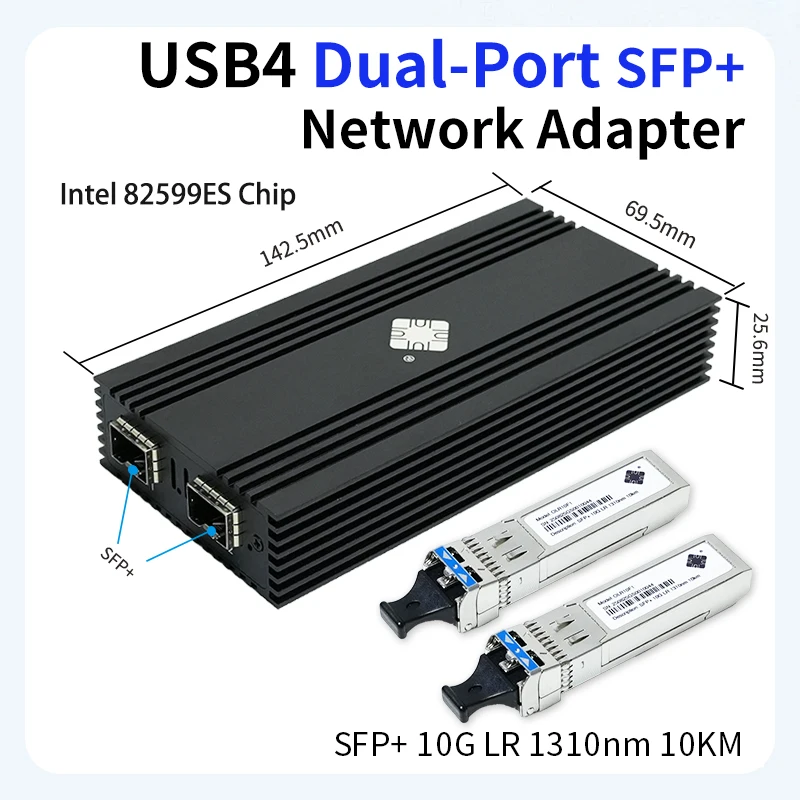 

10G SFP+ Dual Port USB4 40Gbps Ethernet Thunderbolt 5/4/3 Intel 82599ES 2 Port 10GBASE-T Fiber Optic Network with SFP+ Modul