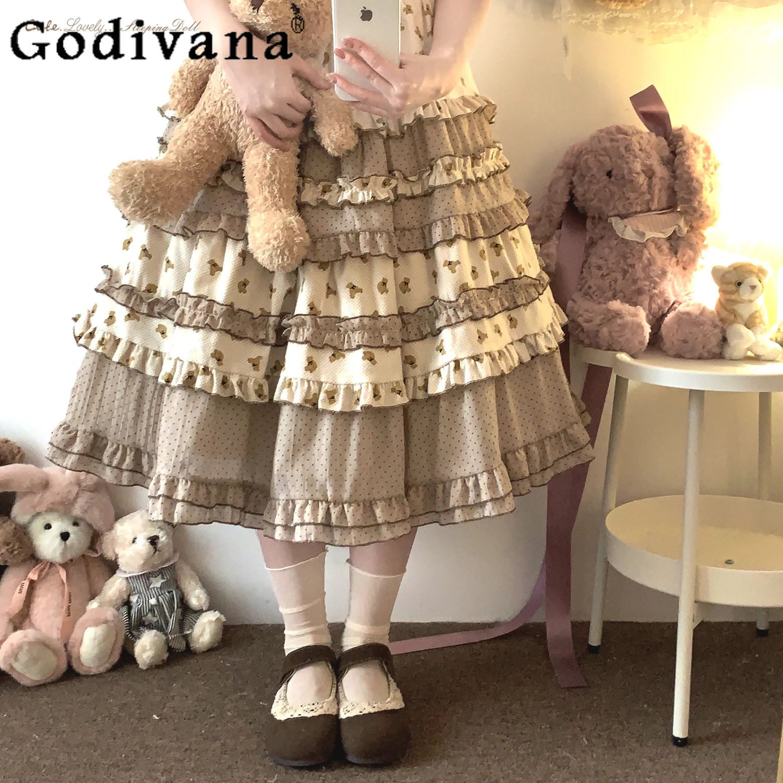 

Japanese Style Sweet Lolita Skirt Women Kawaii Bear Print Ruffles Party Cake Skirts Y2k Female Elegant Mid-length Cotton Skirts