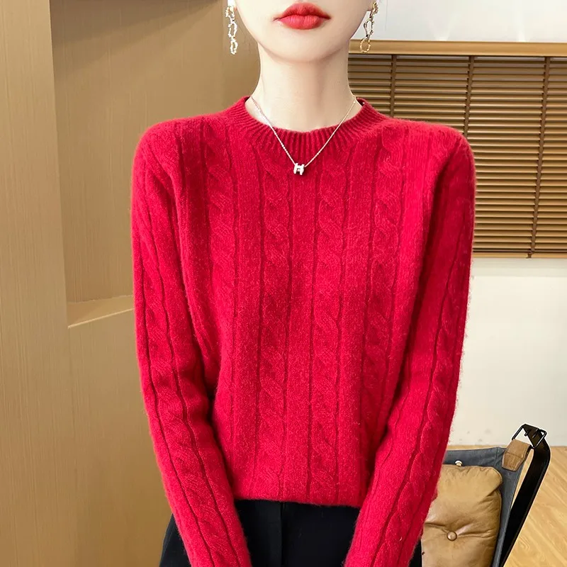 Pull tricoté 100% laine mérinos pour femmes, à la mode, pâte frite, col rond, vêtements chauds et décontractés, en automne et en hiver