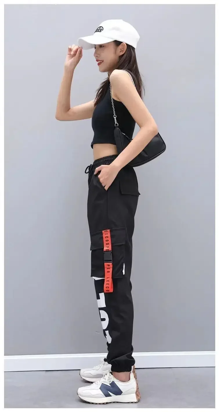 New Women Cargo Pants Ins Harem Pants Fashion Punk Pockets Jogger Trousers With Chain Harajuku Elastics High Waist Streetwear 99