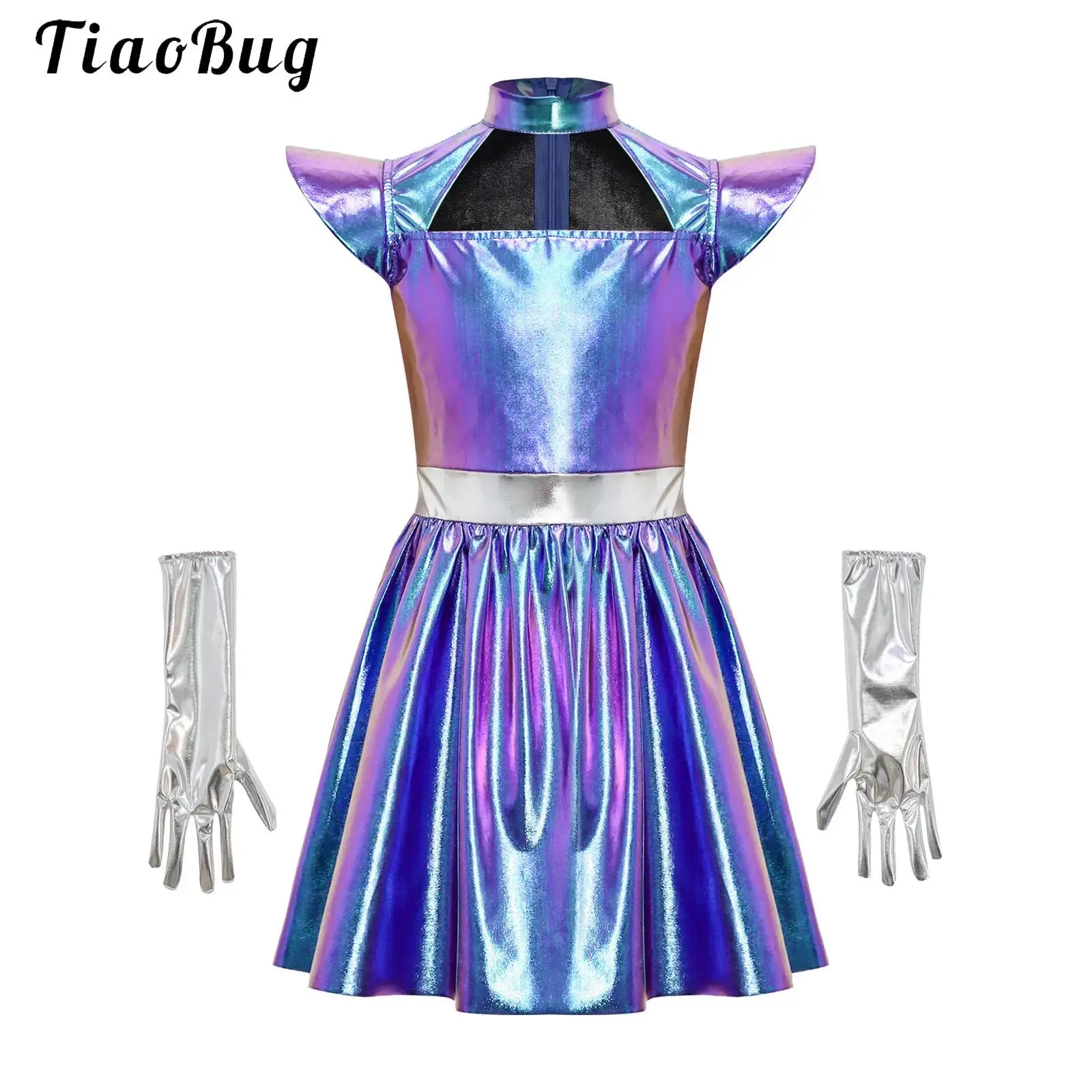 Kids Girls Halloween Alien Costume Astronaut Robot Outerspace Cosplay Outfits Metallic Shiny A-line Tutu Dress with Gloves Suits