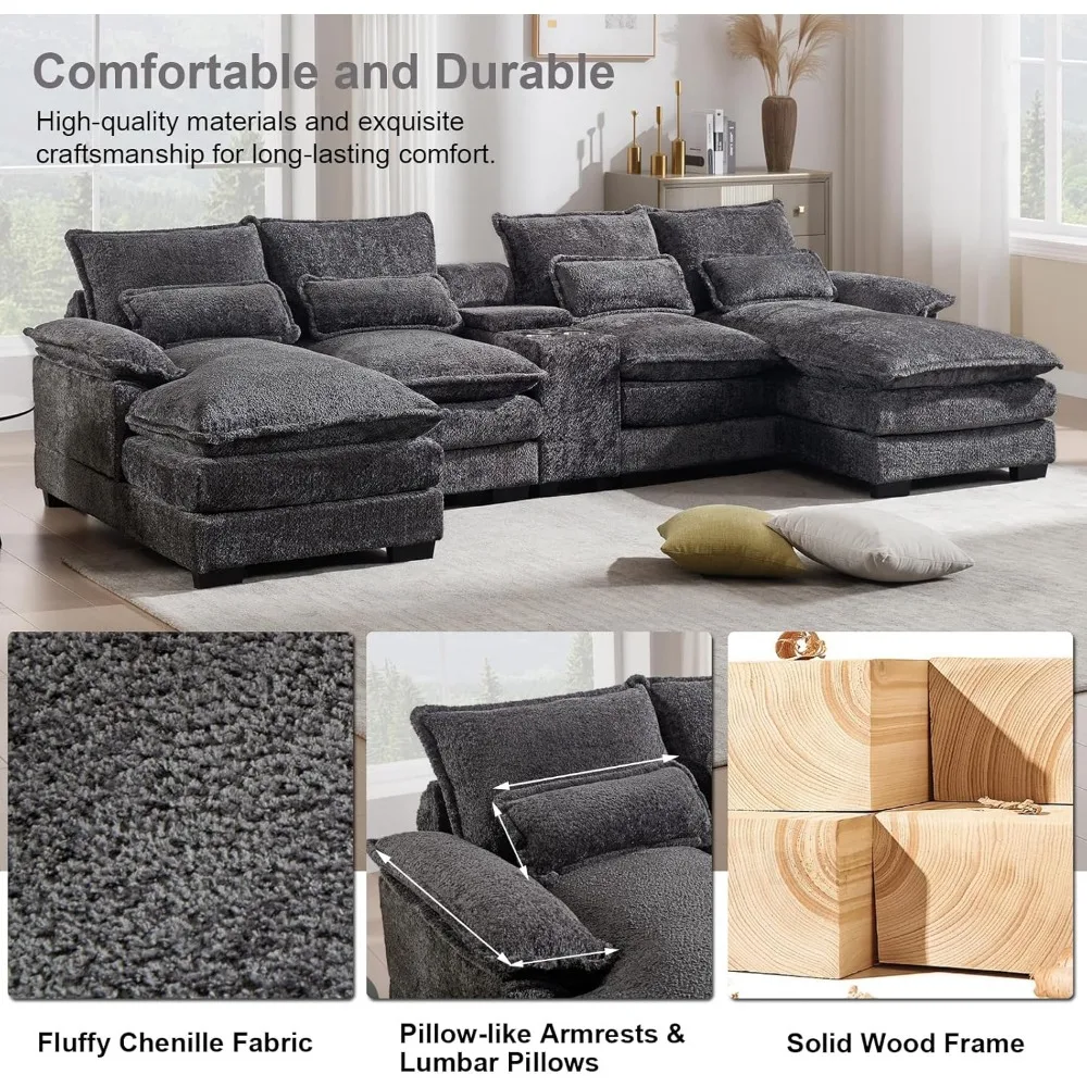 Sofá secional modular de 124,8" com console, porta-copos e portas USB, sofá moderno em forma de U com espreguiçadeira dupla e assento profundo