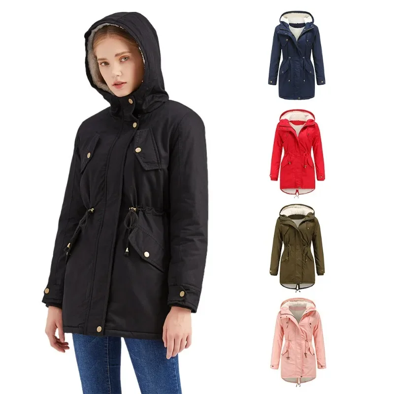 Women's Hooded Thick Cotton Coat with Plush, Monochromatic, European and American, Autumn and Winter Clothing, New