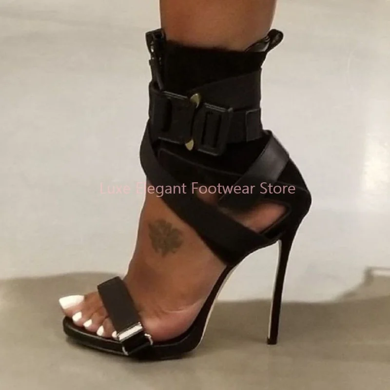 

Patchwork Front Zipper Cross Strap Ankle Sandals Women Open Toe Buckle Strap Thin High Heels Retro Trendy Party Catwalk Sandals